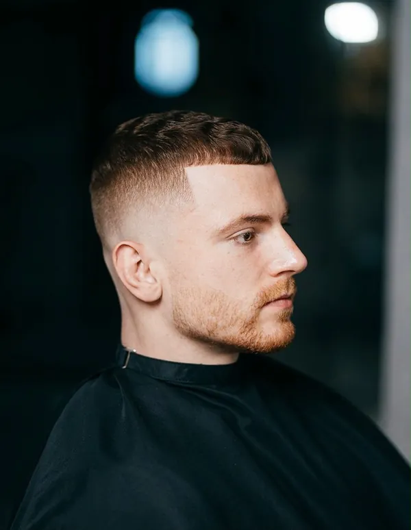 Taglio corto sfumato con barba curata, di profilo